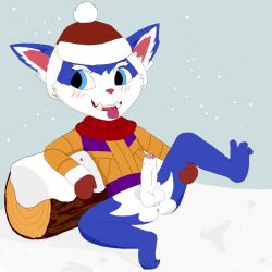 2016 anthro anus balls bodily_fluids bottomless clothed clothing genital_fluids genitals gnar holding_own_leg league_of_legends male mezzanine_(artist) partially_clothed penis precum riot_games snow_day_gnar snowdown_showdown_series solo yordle