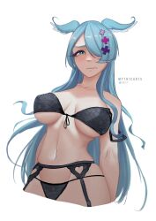 1girls bare_shoulders big_breasts black_lingerie black_underwear blue_hair blush elira_pendora exposed_shoulders exposed_torso female female_only garter_straps hair_covering_eye hair_over_one_eye hair_wings head_wings hi_res highres light-skinned_female light_skin lingerie myth1c nijisanji nijisanji_en one_eye_covered one_eye_obstructed solo underwear virtual_youtuber x_hair_ornament