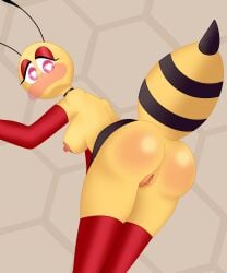 anthro artist_request bee bee_girl blush blushing_at_viewer butt_crack choker clitoris eyeshadow gloves heart-shaped_pupils honey honey_(idolomantises) honeycomb_background insect_girl insect_humanoid insectoid labia labia_minora looking_at_viewer miniskirt nipples no_mouth pink_eyes pussy sideboob thighhigh_boots