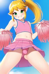 1boy 1femboy ai_generated belly_button bulge bulge_through_clothing cheerleader cheerleader_link cheerleader_uniform crossdressing femboy feminine_male girly link link_(tri_force_heroes) nipples novelai otoko_no_ko penis_under_skirt pom_poms swim_briefs swimsuit the_legend_of_zelda topless trap tri_force_heroes