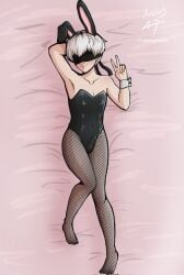 1boy arctos47 blindfold bulge bunny_ears bunnysuit clothing femboy fishnets light-skinned_male light_skin male male_focus male_only nier nier:_automata penis penis_under_clothes short_hair solo solo_male trap white_hair yorha_9s