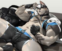 anthro beenic big_biceps bulge canine collar furry horikwawataru legs_spread looking_at_viewer lying_on_back muscular_male partially_clothed showing_off smirk solo_male thick_thighs tight_clothing tight_shorts wolf