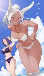 2girls :/ :d absurdres alternate_hairstyle animal_ears armpits bare_shoulders bikini bird blue_sky bracelet breasts cleavage cloud collarbone dark-skinned_female dark_skin female female_only hand_on_own_head hand_on_own_hip hands_on_own_hips hanging_breasts highres jewelry kaina_tsutsumi ko_koyap lady_nagant large_breasts leaning_forward long_eyelashes long_hair looking_at_viewer looking_to_the_side miruko multicolored_hair multiple_girls my_hero_academia navel open_mouth outdoors parted_bangs pendant pink_hair ponytail purple_bikini purple_eyes purple_hair rabbit_ears rabbit_girl rabbit_tail red_eyes rumi_usagiyama seagull short_hair side-tie_bikini_bottom sky smile solo_focus stomach streaked_hair swimsuit tail thighs toned two-tone_hair water wet white_bikini white_hair