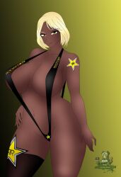 blonde_hair brown_skin dark-skinned_female dark_skin dress dress_lift female high_heels noir-black-shooter original original_character rockstar_energy rockstar_energy-san short_hair tattoo tattoo_on_arm tattoo_on_butt tattoos yellow_eyes