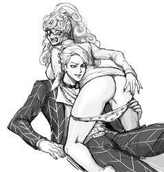 1boy 1girls ass assisted_exposure blush breasts female ghiaccio glasses half_naked heart_panties human imminent_sex jojo's_bizarre_adventure kneeling kneeling_female lying_on_back open_mouth panties prosciutto rule_63 saint_jojo shounen_jump sweat vento_aureo