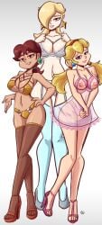 3girls alternate_hairstyle big_breasts bikini blonde_hair blue_bra blue_eyes blue_panties bra breasts brown_eyes busty camisole cleavage feet female female_only garter_straps hair_over_one_eye hand_on_hip heels large_breasts legs long_hair low_ponytail low_twintails mario_(series) multiple_girls nanus2 navel nintendo nipples panties parted_lips pink_panties pose posing princess princess_daisy princess_peach princess_rosalina see-through sensual swimsuit thighs twintails underwear voluptuous wide_hips yellow_bikini