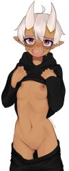 :d ahoge artist_name ass_visible_through_thighs black_hoodie breasts brown_eyes cleft_of_venus clothes_lift clothes_pull commentary english_commentary female glasses hair_between_eyes hands_on_own_chest highres hood hood_down hoodie hoodie_lift horns lifted_by_self long_sleeves looking_at_viewer navel nipples no_bra no_panties open_mouth original pointy_ears purple-tinted_eyewear pussy round_eyewear semi-rimless_eyewear short_hair simple_background small_breasts smile solo stomach sweat tinted_eyewear uncensored under-rim_eyewear white_background white_hair yoako