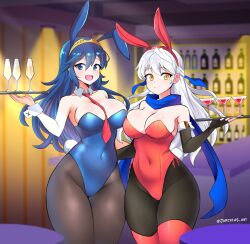 2girls :d absurdres adapted_costume alternate_breast_size alternate_costume animal_ears bar_(place) bare_shoulders black_gloves blue_eyes blue_hair blue_leotard blue_scarf blurry blurry_background breasts brown_pantyhose bunny_ears bunny_girl bunnysuit cleavage closed_mouth covered_navel cup depth_of_field detached_collar dress drinking_glass elbow_gloves fake_animal_ears female female_only fingerless_gloves fire_emblem fire_emblem:_radiant_dawn fire_emblem_awakening gloves grey_hair hair_ribbon half_updo highleg highleg_leotard highres holding holding_tray indoors jarckius large_breasts leotard long_hair looking_at_viewer lucina_(fire_emblem) micaiah_(fire_emblem) multiple_girls necktie nintendo open_mouth pantyhose playboy_bunny rabbit_ears red_leotard red_thighhighs ribbon scarf sleeveless sleeveless_dress smile standing strapless strapless_leotard thick_thighs thighhighs thighs tiara tray twitter_username waitress wrist_cuffs yellow_eyes