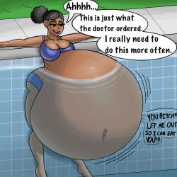 angry angry_prey belly big_belly bikini breasts dark-skinned_female dark_skin dialogue english_text f/f female female_pred female_prey frizzy_hair huge_belly massive_belly mizzy_polsen original original_character pool poolside relaxing round_belly same_size_vore siredwardthethird soft_vore speech_bubble stuffed_belly stuffing swimsuit text vore