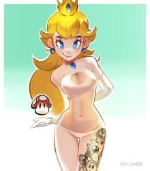 1girls bikini breasts cleavage female female_focus female_only leg_tattoo mario_(series) mushroom nintendo philtomato princess_peach simple_background solo standing super_mario_bros. super_mushroom tattoo