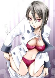 alluring big_breasts bra cleavage female magenta_eyes nakiri_alice open_shirt panties shokugeki_no_souma silver_hair t.o.motors undressing