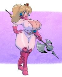 1girls annoyed_expression areola_slip axe barely_contained_breasts big_breasts big_eyes big_thighs blonde_hair blue_eyes bodysuit breasts bursting_breasts busty canonical_scene child_bearing_hips cleavage crown curvy earrings female female_only full_body halberd hand_on_own_hip huge_breasts huge_thighs legs long_hair looking_at_viewer mario_(series) nintendo nipple_slip nipples nipples_visible_through_clothing pawg pink_lips ponytail princess princess_peach royal royalty simple_background slb solo standing super_mario_bros._(2023_film) thick_thighs thighs unzipped voluptuous wardrobe_malfunction weapon wide_hips