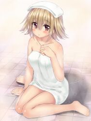 1girls barefoot blonde_hair brown_eyes highres solo towel urotsuki wataru_(zazazazazazawa) yume_2kki