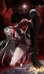 detailed_background female fully_clothed giantess long_hair lucia:_crimson_abyss_(punishing:_gray_raven) lucia_(punishing:_gray_raven) medium_breasts panties punishing:_gray_raven red_eyes robot_girl solo stomping unzipped white_hair