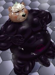 absurd_res anthro bear belly blush bodysuit brown_body brown_fur clothing erection fur genitals goro_(live_a_hero) hi_res hisashiyo_0705 lifewonders live_a_hero male mammal musclegut nipple_fetish nipple_pinch nipple_play pecs penis pinch skinsuit solo tight_clothing