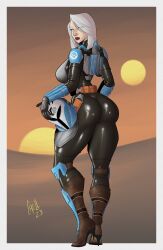 1girls 2023 2d armor ass background big_breasts blonde_hair blue_eyes bo-katan_kryze bo-katan_kryze_(cosplay) boots border breasts busty chestplate clothed clothing cosplay curvy dark_red_lipstick dated desert digital_drawing_(artwork) digital_media_(artwork) eyebrows eyelashes eyes eyes_visible_through_hair female female_focus female_only footwear fully_clothed gloves hair headgear heel_boots heels helmet helmet_removed hi_res hips holding_headgear holding_helmet hourglass_figure huge_ass huge_breasts human human_only jetpack large_ass large_breasts legs light-skinned_female light_skin lips lipstick long_hair looking_at_viewer looking_back looking_back_at_viewer mandalorian mandalorian_armor mature mature_female nite_owl_(star_wars) open_eyes original original_character outside pose rear_view red_lipstick sand science_fiction shiny_clothes shoes signature silvone_du_bois simple_background solo star_wars sun sunset tatooine thick thick_hips thick_legs thick_thighs thighs tight_clothing top_heavy upper_body vambraces virus_infected_art voluptuous waist white_border white_hair wide_hips