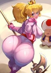 1boy 1girls alternate_version_available ass ass_focus back back_view background_character battle_axe big_ass big_butt blonde_hair blonde_hair_female blue_eyes breasts bubble_ass bubble_butt crown cute_face dat_ass female female_focus hair hand_on_hip headwear high-angle_view holding_weapon huge_ass huge_butt jumpsuit large_ass light-skinned_female light_skin lips long_gloves looking_back male mario_(series) melee_weapon mushroom_boy nintendo nuezou panties_outline panties_visible_through_clothing pink_clothing pink_gloves pink_lips pink_lipstick polearm ponytail princess_peach round_ass solo_focus super_mario_bros._(2023_film) tight_clothing toad_(mario) two_handed_weapon weapon