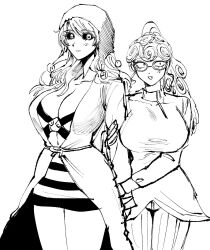 2girls blushing breasts clothed clothing curly_hair curvy_female female female_focus female_only ghiaccio glasses grabbing_arm hair hugging_arm human jojo's_bizarre_adventure large_breasts lesbian looking_at_viewer no_bra risotto_nero rule_63 saint_jojo shounen_jump smile thick_thighs thighs vento_aureo yuri