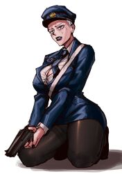 black_lipstick breasts bursting_breasts female gun human jojo's_bizarre_adventure kneeling leone_abbacchio miniskirt pantyhose police_hat police_officer police_uniform policewoman rule_63 saint_jojo short_hair shounen_jump straining_buttons vento_aureo white_hair