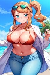 ai_generated arms_at_sides beach big_breasts blue_jeans busty facing_forward female heart_hair_ornament jeans labcoat looking_at_viewer navel orange_hair outdoors pokemon posing red_bra seraphim_ai side_ponytail solo sonia_(pokemon) stable_diffusion standing sunglasses_on_head wide_hips