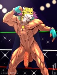 abs animal_head bodily_fluids fighting_ring flexing_bicep for_a_head foreskin genitals hi_res human invalid_tag iudicium86 king_(tekken) male male_focus male_only mammal mask muscular nipples nude pecs penis solo sweat tekken vein veiny_penis