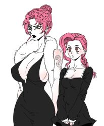 2girls alternate_self breasts cleavage diavolo female human jojo's_bizarre_adventure large_breasts light-skinned_female light_skin long_hair pink_hair rule_63 saint_jojo shounen_jump size_difference vento_aureo villainess vinegar_doppio