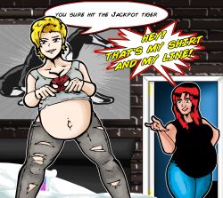 2girls belly big_belly big_breasts blonde_hair breasts captain_marvel carol_danvers dialogue face_it_tiger female female_only human human_only light-skinned_female light_skin marvel marvel_comics mary_jane_watson nasuokaa-san pregnant red_hair spider-man_(series) spider-man_crop_top text themed_clothes