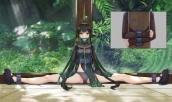 1girls angry black_eyes black_hair blush breasts crown female full_body fully_clothed green_hair hair_ornament jewelry long_hair panties punishing:_gray_raven qu_(punishing:_gray_raven) robot_girl small_breasts solo split splits tied_up two_tone_hair very_long_hair