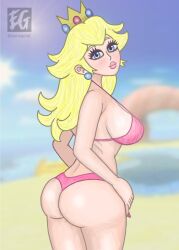 1girls artist_name ass big_breasts bikini blonde_hair blue_eyes breasts busty ezrageist female female_only large_breasts long_hair looking_at_viewer mario_(series) mario_kart mario_kart_double_dash mario_kart_wii nintendo outdoors peach_beach pink_bikini pink_lips princess princess_peach sideboob smile solo super_mario_bros. swimsuit thong_bikini voluptuous