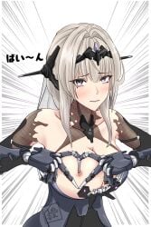 1girls armor bianca:_stigmata_(punishing:_gray_raven) bianca_(punishing:_gray_raven) blush breasts_out clothing female headgear heart large_breasts mole_under_eye punishing:_gray_raven purple_eyes purple_lipstick robot_girl silver_hair solo standing torn_clothes