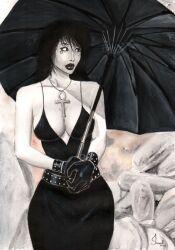 1girls 2023 black_umbrella curvy curvy_body curvy_female dc dc_comics death_(personification) death_of_the_endless ed_benes_studio female female_only fully_clothed grim_reaper hi_res holding_umbrella huge_breasts israel_(artist) looking_at_viewer no_bra solo the_sandman umbrella voluptuous voluptuous_female