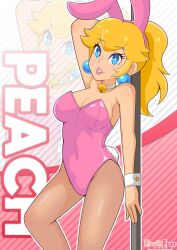 1girls arm_behind_head armpits big_breasts blonde_hair blue_eyes breasts bunny_ears bunny_girl bunny_tail bunnysuit busty cleavage covered_navel female female_only large_breasts legs leotard long_hair mario_(series) negicake nintendo parted_lips peachfuzz pole pole_dancing ponytail princess princess_peach seductive seductive_smile sensual smile solo thighs voluptuous