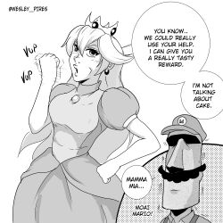 1boy 1girls blue_eyes breasts dress english_text fellatio_gesture female hand_on_own_hip long_hair male mario mario_(series) medium_breasts moai monochrome nintendo princess princess_peach sexually_suggestive wesley_pires