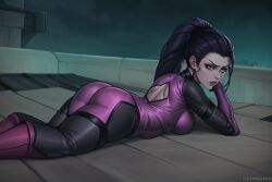 1girls ai_generated amelie_lacroix ass_focus big_ass big_butt catsuit city cozykeeper female humanoid large_ass large_butt latex_catsuit latex_suit long_hair looking_at_viewer looking_back lying on_stomach overwatch pinup pinup_pose ponytail purple_hair purple_latex purple_latex_catsuit purple_skin rooftop small_breasts solo thick_thighs wide_hips widowmaker