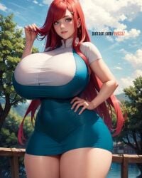 1girls ai_generated big_breasts blue_eyes huge_breasts kw0337 naruto red_hair tagme thick_thighs tight_clothing uzumaki_kushina