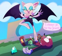 anthro ballbusting breasts breasts_out chaos_emerald duo english_text femdom groinattack3 knuckles_the_echidna rouge_the_bat sonic_(series)