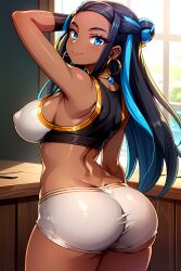 ai_generated big_ass big_breasts black_hair blue_eyes blue_highlights busty covered_nipples dark_skin eyelashes female female_only from_behind gym_uniform hi_res highres hoop_earrings indoors looking_at_viewer nessa_(pokemon) one_arm_up pokemon posing seraphim_ai solo sports_bra stable_diffusion standing taut_shorts white_shorts