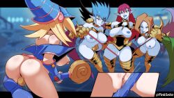 4girls animal_hands artist_name ass bare_shoulders blonde_hair blue_footwear blue_hair blue_headwear blue_skin blush boots breasts censored choker claws colored_skin commentary corset crotch_rub dark_magician_girl duel_monster english_commentary feathered_wings feathers female female_masturbation female_only female_orgasm green_eyes green_feathers green_wings hair_between_eyes harpie_lady harpie_lady_(normal_monster) harpie_lady_2 harpie_lady_3 harpie_lady_sisters harpy has_uncensored_version hat large_breasts letterboxed long_hair masturbation monster_girl mosaic_censoring mouth_hold multiple_girls navel nipple_chain nipple_tweak nipples open_mouth orange_hair orgasm paid_reward_available pinkseito pointy_ears purple_feathers pussy red_hair short_hair siblings sisters spiked_armor spiked_hair staff very_long_hair whip winged_arms wings wizard_hat yu-gi-oh! yuri