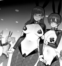 3girls alex_(ratatatat74) big_breasts blush bunny_costume bunny_ears bunny_tail bunnysuit collar earrings embarrassed embarrassed_nude_female female fishnet_legwear fishnet_stockings fishnets jewelry large_breasts light-skinned_female light_skin long_hair monochrome mr._skull nipple_covers oc original original_character original_characters qos queen_of_spades queen_of_spades_symbol raceplay ratatatat74 reverse_bunnysuit short_hair spade spade_choker spade_earrings spade_pasties spade_tattoo thick_thighs