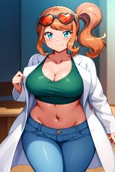 ai_generated big_breasts blue_jeans busty cleavage collarbone crop_top curvy facing_forward female female_only hi_res highres indoors jeans labcoat light_smile looking_at_viewer navel orange_hair pokemon seraphim_ai side_ponytail solo sonia_(pokemon) stable_diffusion sunglasses_on_head wide_hips