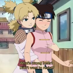 2girls assertive assertive_female blonde_hair breast_grab breast_squeeze breasts brown_hair embarrassed english_subtitles english_text female female/female female_only groping groping_breasts groping_from_behind harassment konoha konohagakure molestation multiple_girls naruto naruto_(classic) naruto_(series) naruto_shippuden sexual_harassment shounen_jump shueisha talking temari temari(genin) tenten tenten(genin) text veruvia12 young yuri