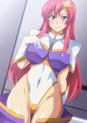 blush gundam gundam_seed gundam_seed_destiny hair_ornament hara_(harayutaka) highleg_leotard huge_breasts large_breasts leotard looking_at_viewer meer_campbell multicolored_leotard pink_hair purple_skirt star_(symbol)