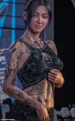 1girls 2023 3d arm_tattoo black_camo_print black_hair blue_eyes butterfly_tattoo camo_print chest_tattoo clothed clothing female female_only flower-tattoo full_body_tattoo grace_(vitergo3d) hand_tattoo looking_at_viewer navel_piercing navel_tattoo neck_tattoo original_character pinup skull_tattoo solo solo_female tattoo tattoos vitergo3d