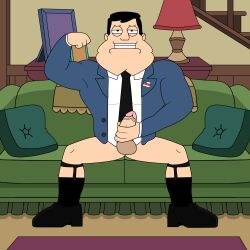 1boy american_dad bara black_socks buldge chest cum dark_hair dress_shoes flexing flexing_arms flexing_bicep garter garter_belt_socks garter_straps garters gay legs_spread legs_up male male_only masturbation muscles socks solo stan_smith suit tie