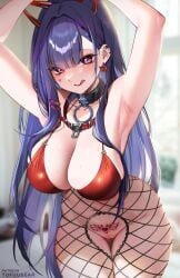 1girls :q akuma_nihmune armpits arms_up ass_visible_through_thighs belt_collar bikini bikini_top_only blurry blurry_background blush breasts choker cleavage cleft_of_venus collar commentary demon_girl demon_horns ear_piercing earrings facial_mark facial_tattoo fake_horns female fishnet_pantyhose fishnets heart heart_facial_mark heart_tattoo highres horns indie_virtual_youtuber jewelry lace_trim large_breasts light-skinned_female light_skin long_hair looking_at_viewer mole navel panties pantyhose patreon_username piercing purple_hair pussy red_bikini red_eyes solo swimsuit tattoo thigh_gap thighs tofuubear tongue tongue_out uncensored underwear very_long_hair virtual_youtuber wet