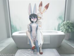 2023 3d_(artwork) 4_fingers 4_toes 5_fingers absurd_res animal_genitalia anthro balls band-aid band-aid_on_face bandage bathroom bathtub black_hair blue_body blue_fur blush breasts day digital_media_(artwork) dominant dominant_female duo feet female fingers flower_hair_accessory fur generation_8_pokemon genitals girly grabbing_from_behind hair hi_res holding_arms inside lagomorph leg_wrap leporid looking_at_another looking_at_partner looking_at_viewer male male/female mammal markings maxkore nintendo nipples one_eye_closed orange_eyes plant pokemon pokemon_(species) purple_eyes rabbit scorbunny scorbunny_(valorlynz) sheath signature sitting size_difference smile standing striped_markings stripes toes towel water wet white_body white_fur window