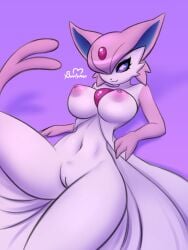 3:4 big_breasts breasts buutymon eeveelution espeon female gardevoir generation_2_pokemon generation_3_pokemon genitals hybrid lying navel nintendo nipples on_back pokemon pokemon_(species) pussy solo