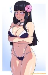 1girls arms_crossed bikini bikini_bottom bikini_top black_hair blush breasts dashi_art hyuuga_hinata long_hair naruto naruto_shippuden navel patreon_username