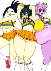 3girls armpits arms_above_head black_eyes black_sclera breasts cameltoe cheerleader cheerleader_uniform crop_top cropped_shirt female female_only high_ponytail horns huge_breasts large_breasts long_hair looking_at_viewer medium_hair messy_hair midriff mina_ashido miniskirt momo_yaoyorozu my_hero_academia open_mouth panties pom_poms ponytail short_hair skirt smile tagme thick_thighs thighs tsuyu_asui u.a._cheerleader_outfit underboob wide_hips wrato yellow_eyes