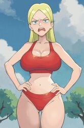 1girls angry big_breasts blonde_hair blue_eyes cleavage female female_only hair_down huge_breasts large_breasts light-skinned_female light_skin milf ousama_ranking outside queen_hilling ranking_of_kings red_clothes red_swimsuit royal solo solo_female stealth_brock swimsuit